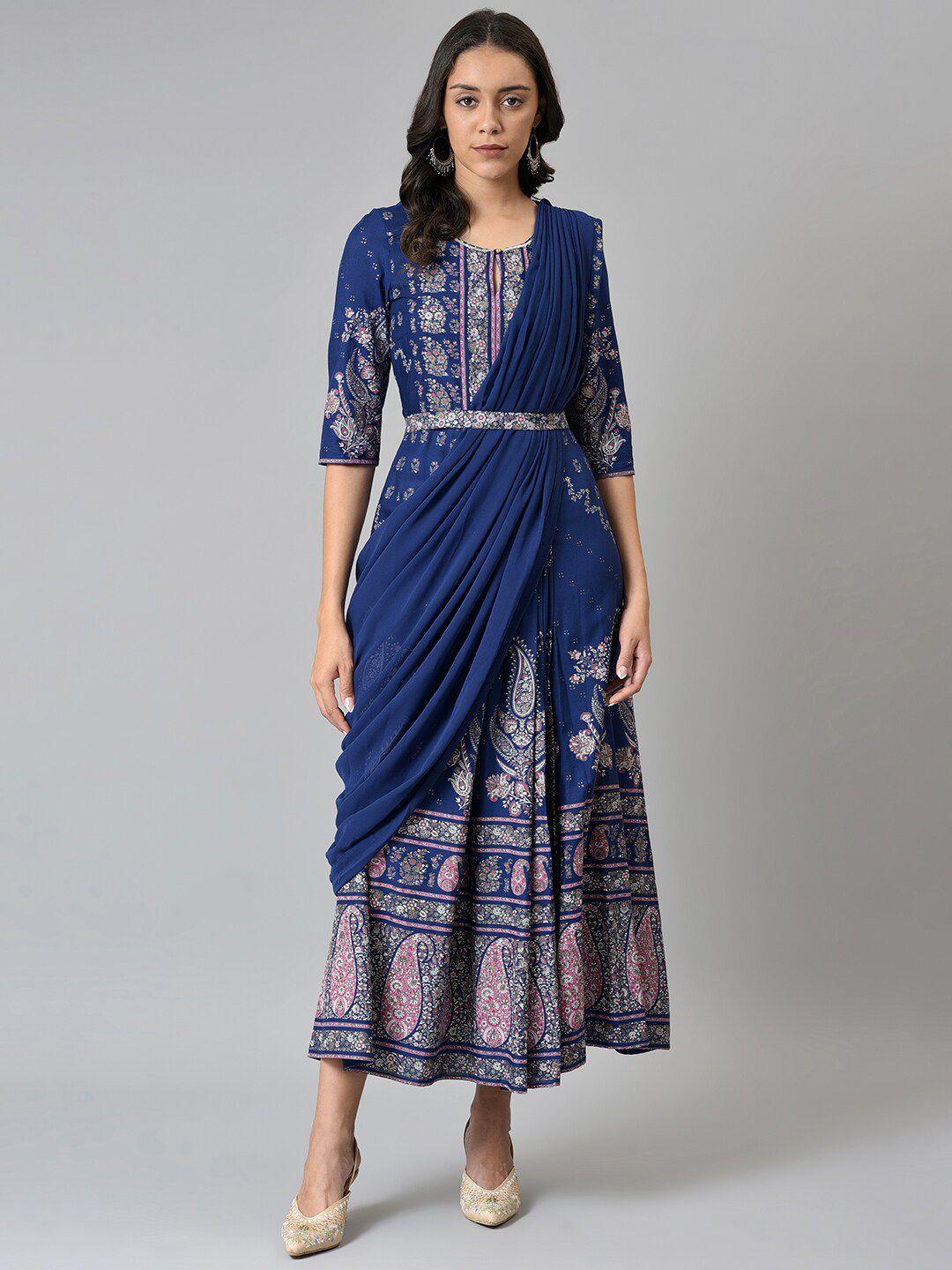 w blue & silver-toned ethnic motifs chiffon ethnic maxi dress