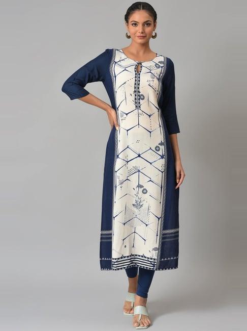 w blue & white geometric print straight kurta