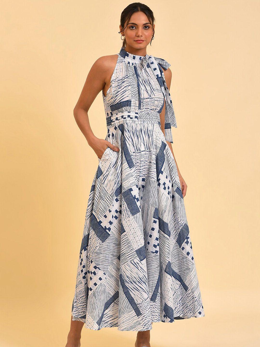 w blue & white halter neck printed pure cotton culotte jumpsuit