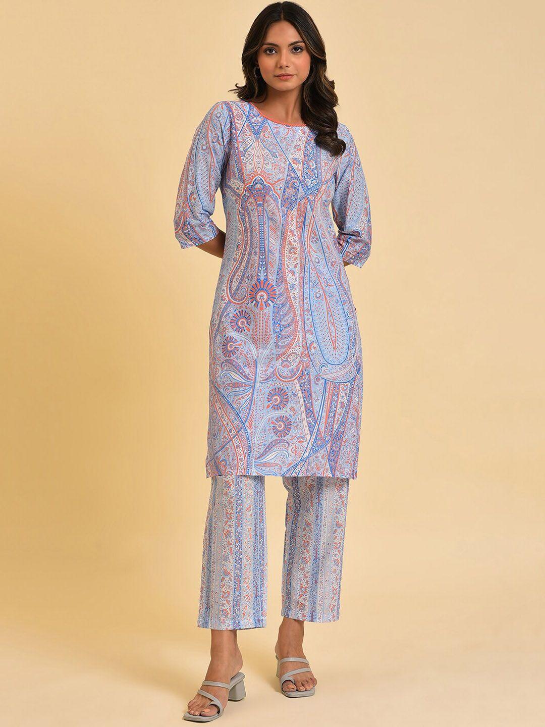w blue & white paisley printed pure cotton kurta with trousers