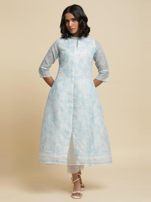 w blue & white printed kurta pant set