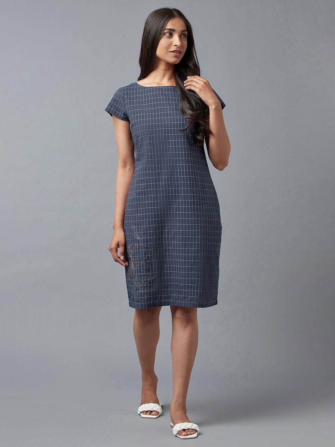 w blue checked pure cotton sheath dress