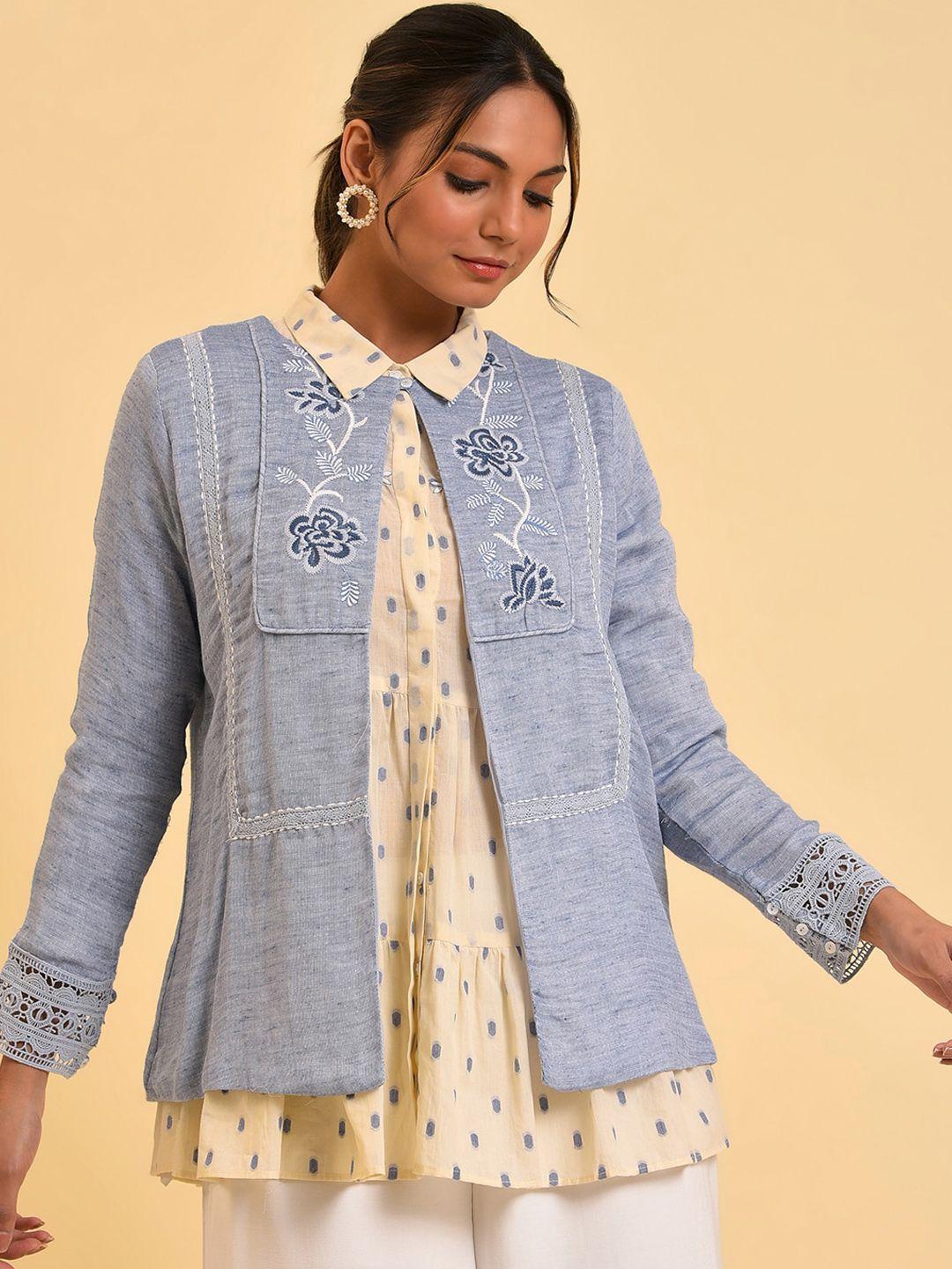 w blue collaress open front jacket with embroidered