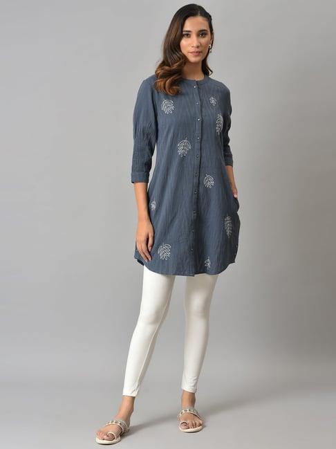 w blue cotton embroidered a line kurti