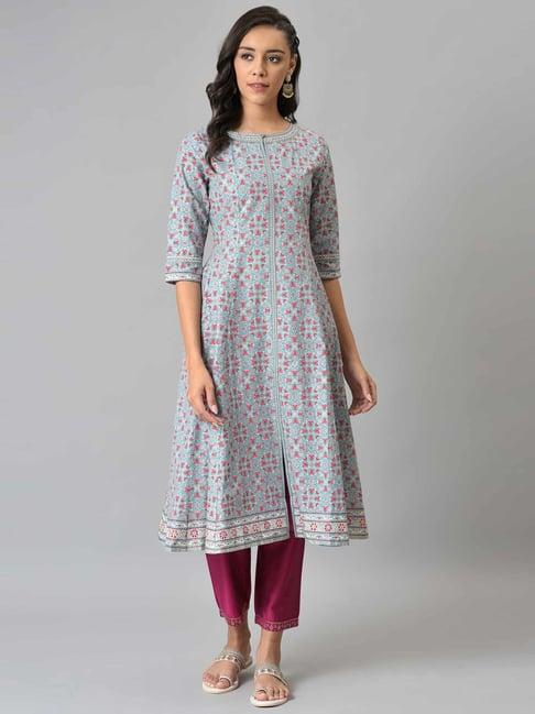 w blue cotton floral print a line kurta