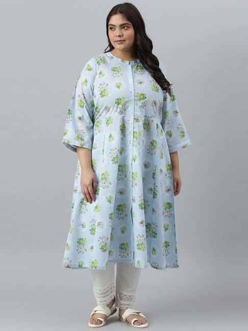 w blue cotton floral print a line kurta