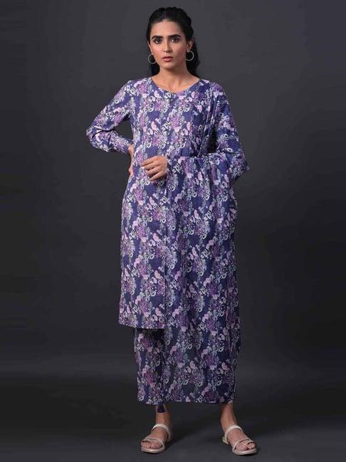 w blue cotton floral print kurta pant set with dupatta