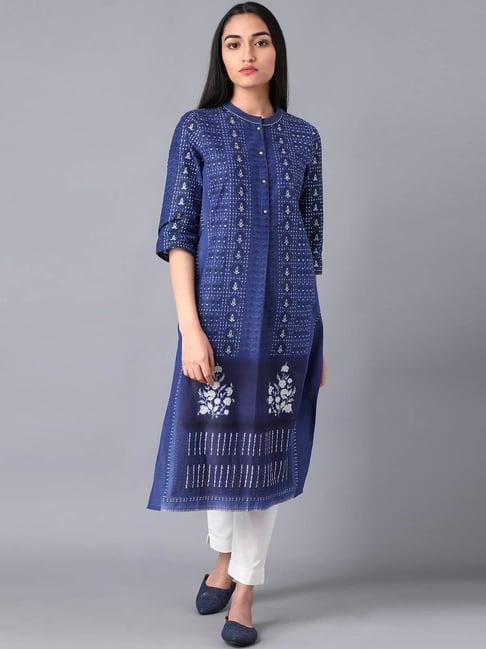 w blue cotton floral print straight kurta