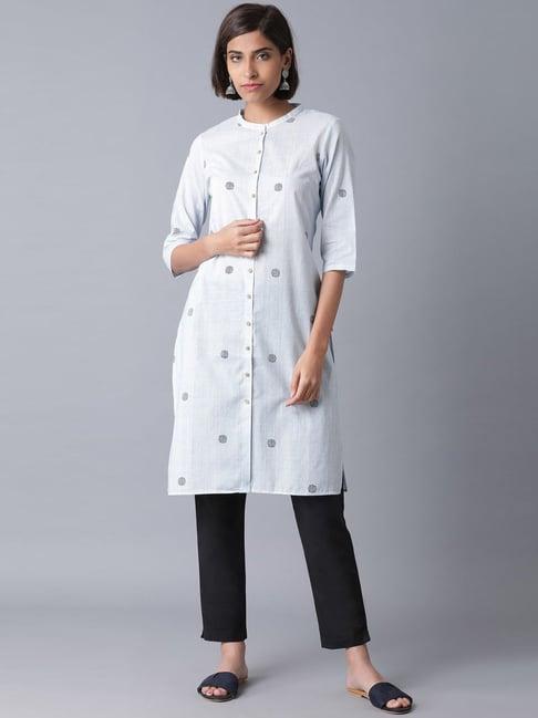 w blue cotton polka dots straight kurta