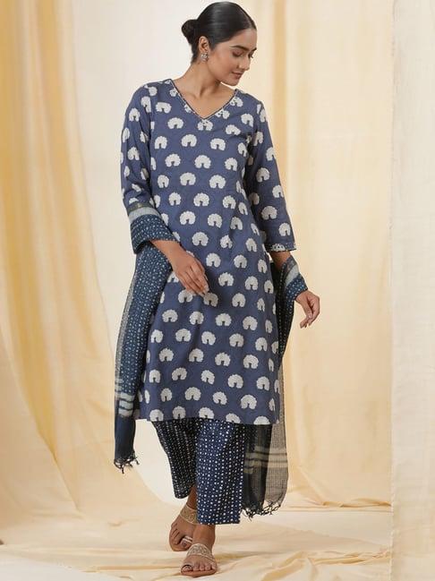w blue cotton printed kurta pant set with dupatta