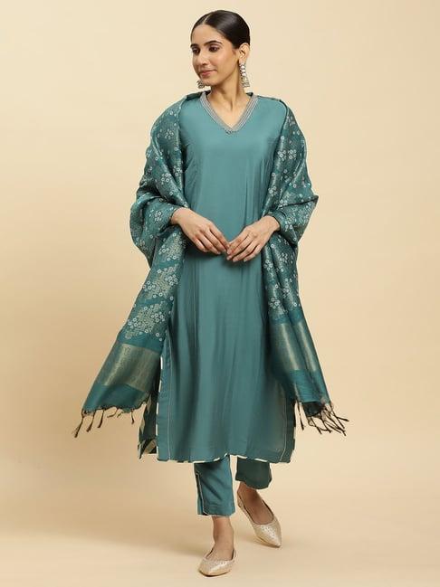 w blue embellished kurta with pant & dupatta