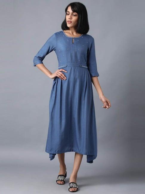 w blue embroidered asymmetric dress