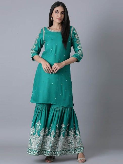 w blue embroidered kurta sharara set