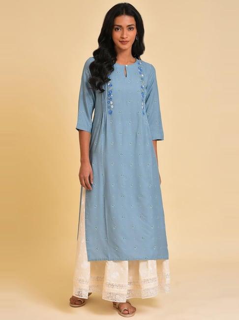 w blue embroidered straight kurta