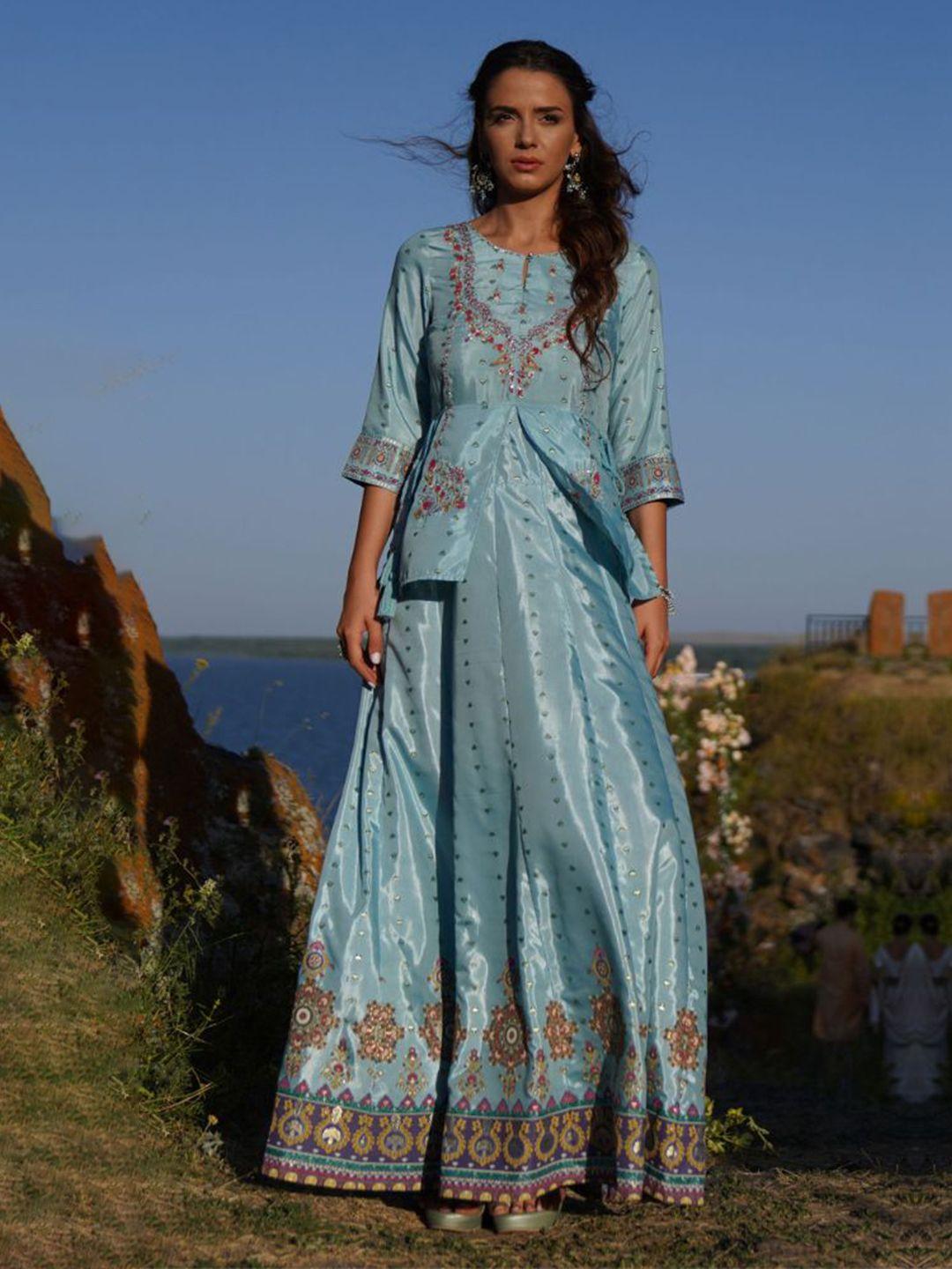 w blue ethnic motifs keyhole neck satin ethnic maxi dress