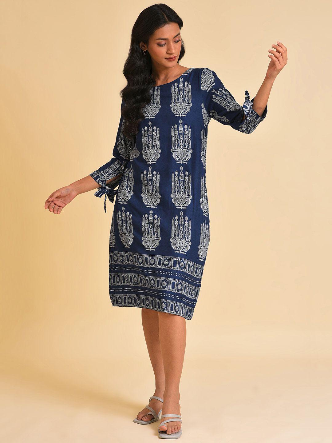 w blue ethnic motifs printed a-line dress