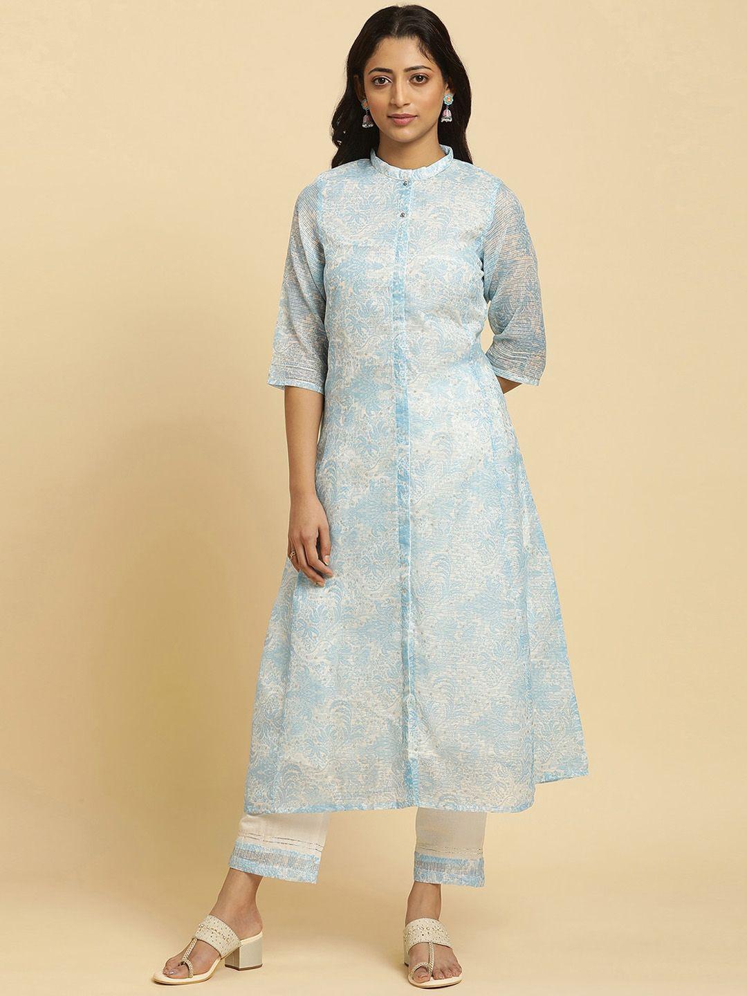 w blue ethnic motifs printed mandarin collar a-line kurta with trousers