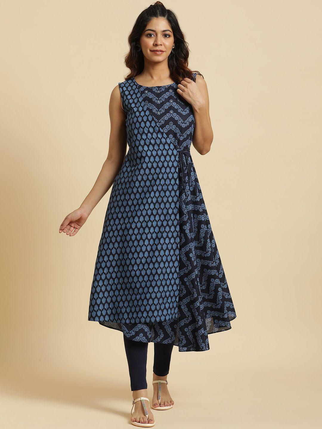 w blue ethnic motifs printed pure cotton anarkali kurta