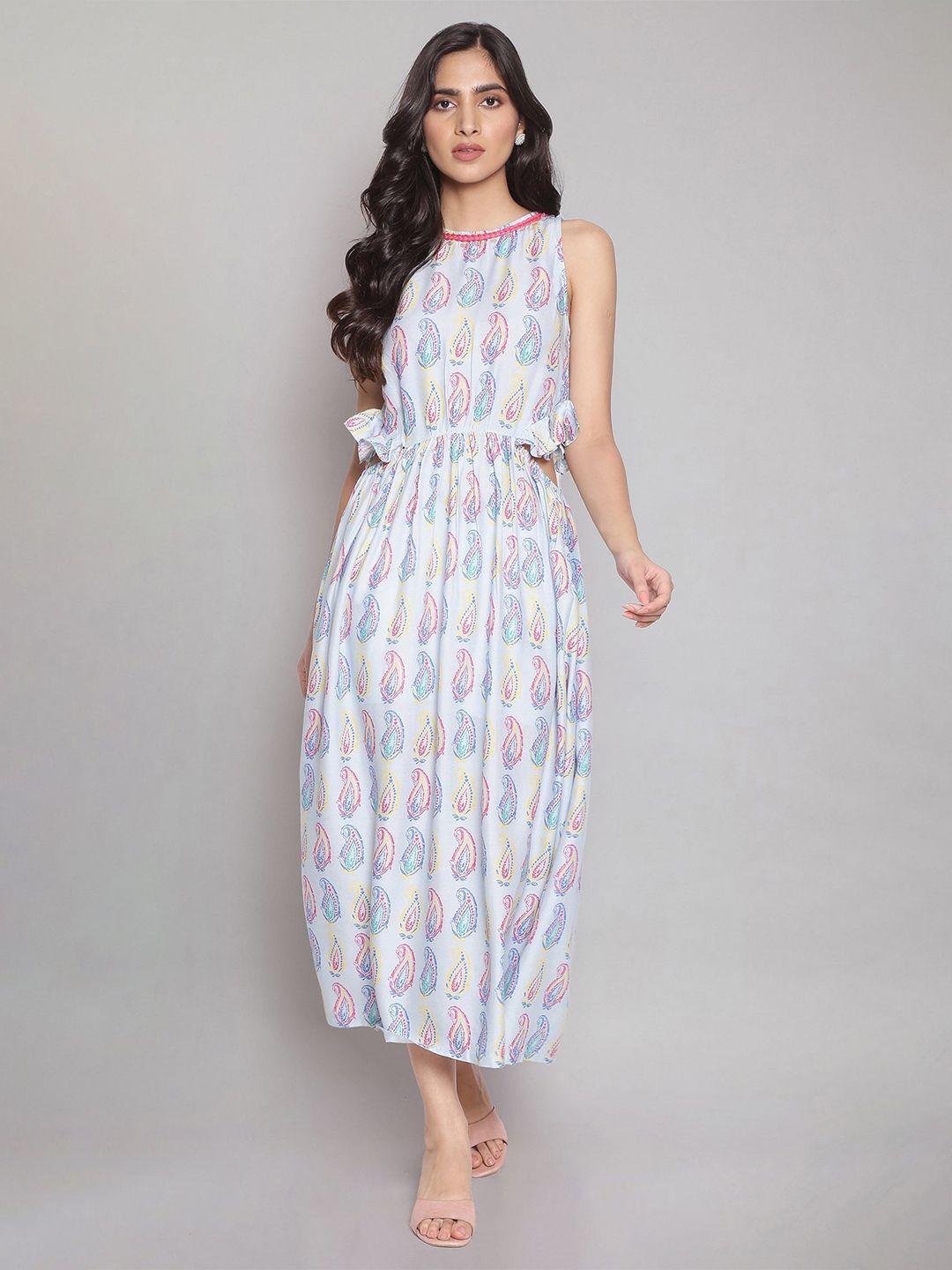 w blue floral omplalodes printed dress with cut-outs waist and gathers.