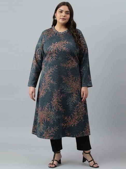 w blue floral print a line winter kurta