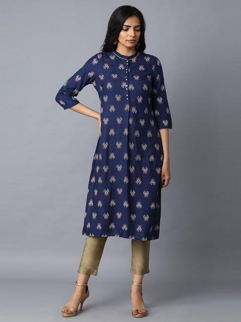 w blue floral print straight kurta