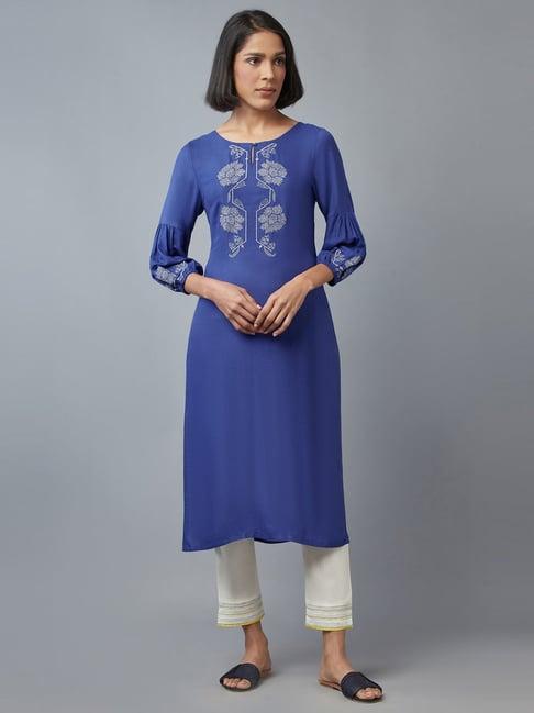 w blue floral print straight kurta