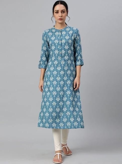 w blue floral print straight kurta