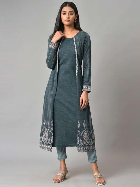 w blue paisley print a line winter kurta