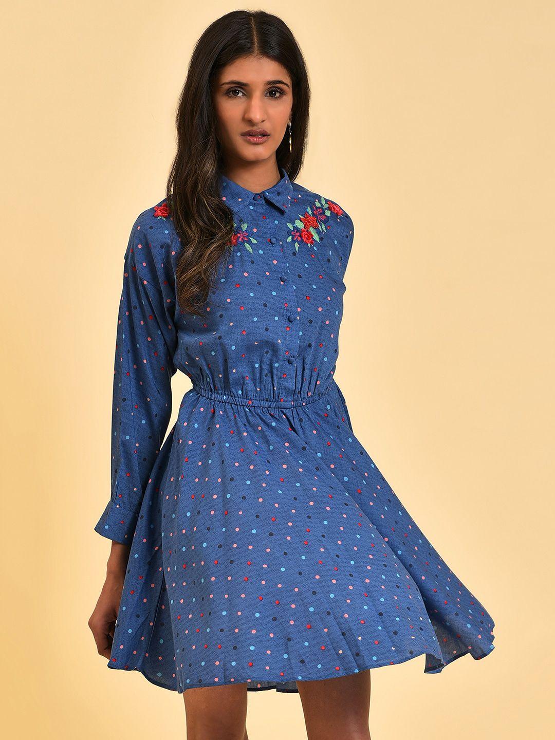 w blue polka dots embroidered detailed shirt collar  fit & flare dress