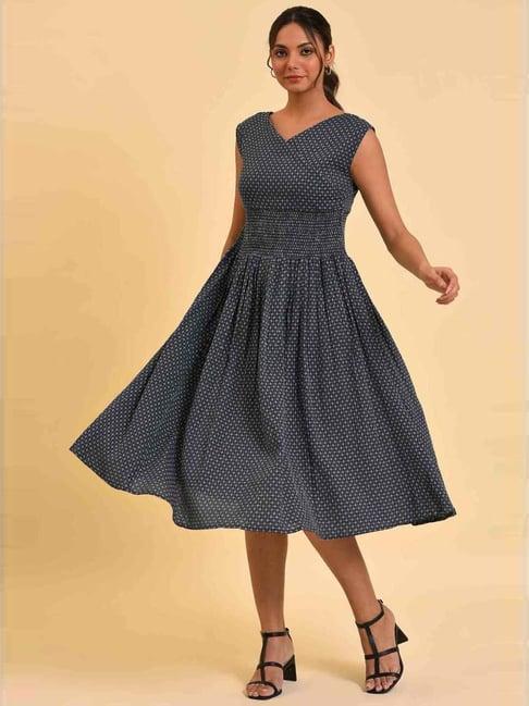 w blue printed a-line dress