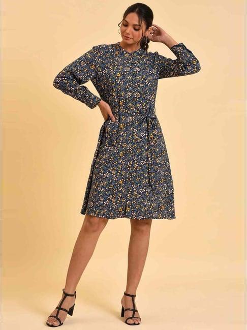 w blue printed a-line dress