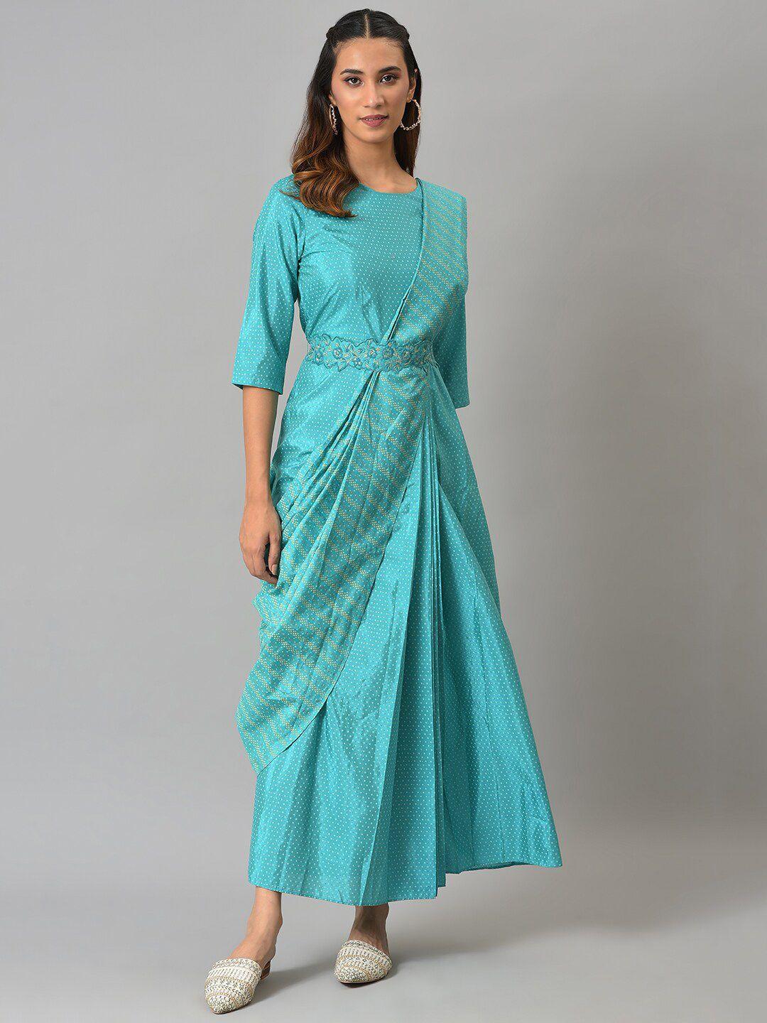 w blue printed ethnic maxi dress with belt