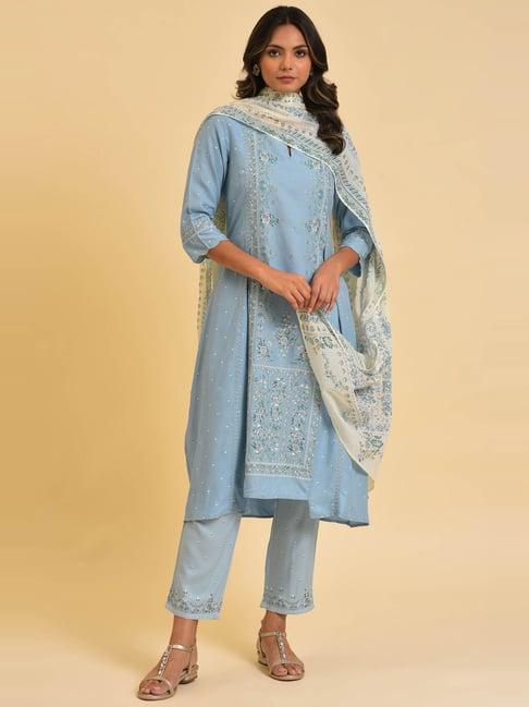 w blue printed kurta pant set with dupatta