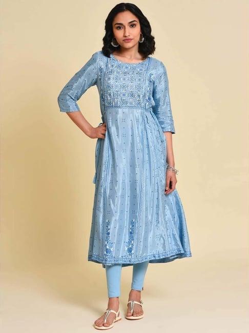 w blue printed kurta pant set