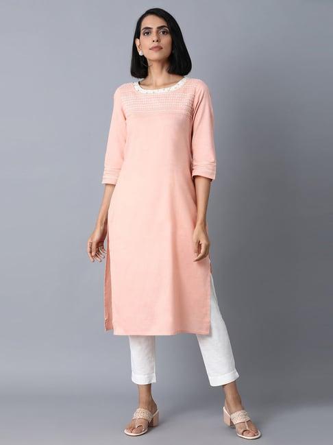 w blush pink cotton embroidered straight kurta