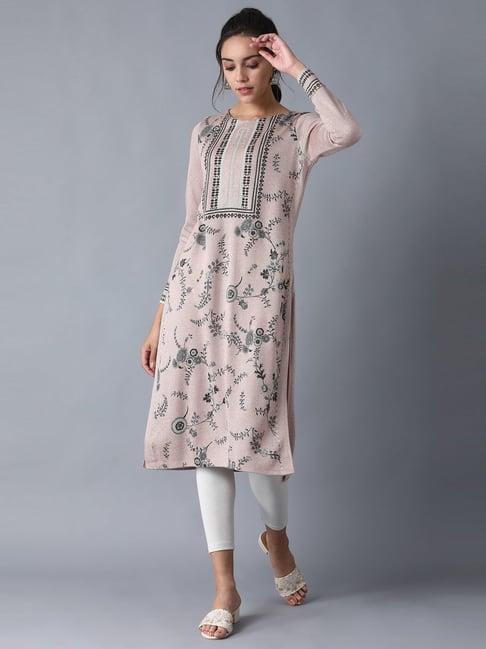 w blush pink floral print straight kurta