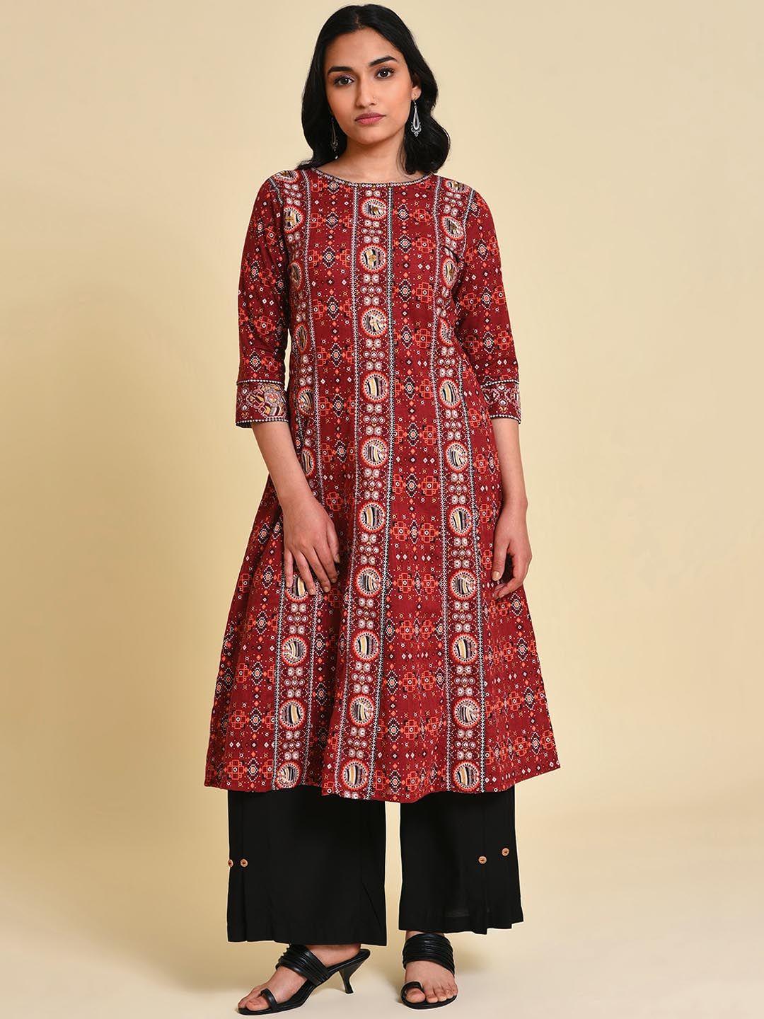 w boat neck ethnic motifs printed sequins pure cotton straight kurta