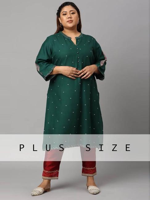 w bottle green embroidered straight kurta