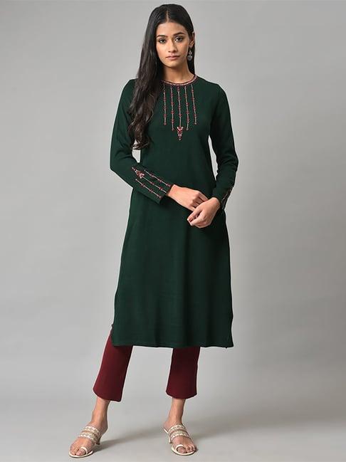 w bottle green embroidered straight winter kurta