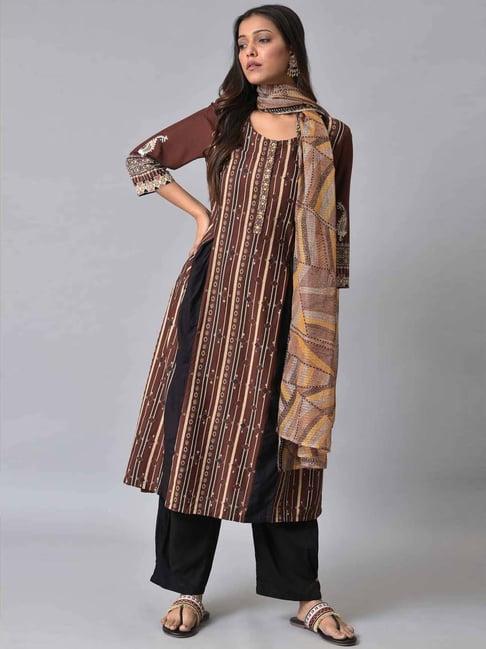 w brown & black printed kurta pant set with dupatta