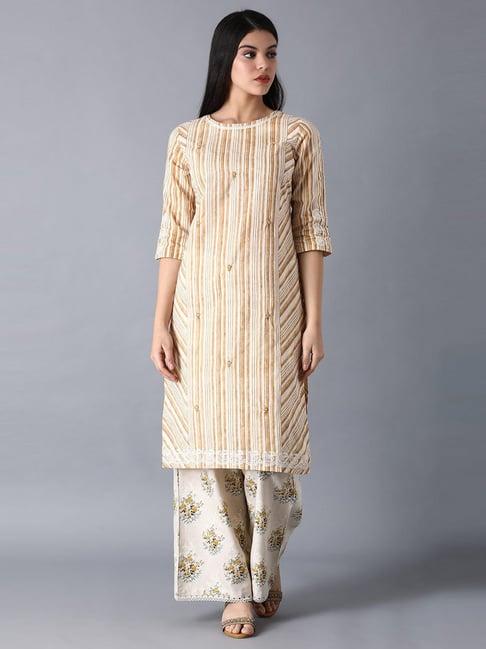 w brown cotton embroidered straight kurta