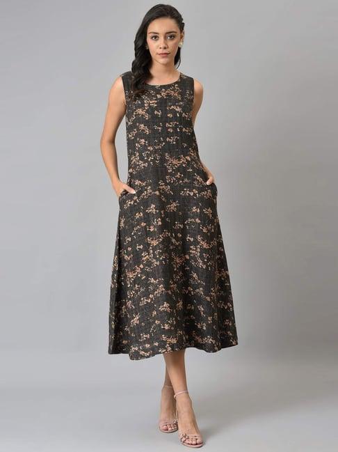 w brown cotton floral print a-line dress