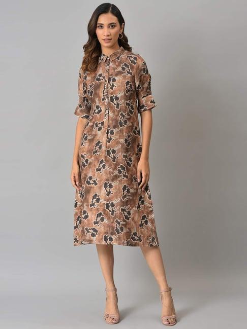 w brown cotton floral print a-line dress