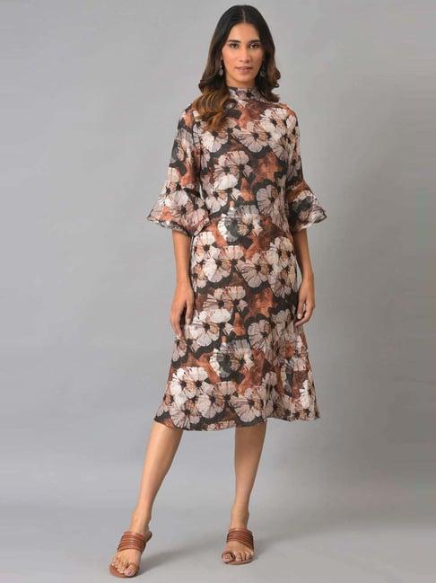 w brown cotton floral print a-line dress