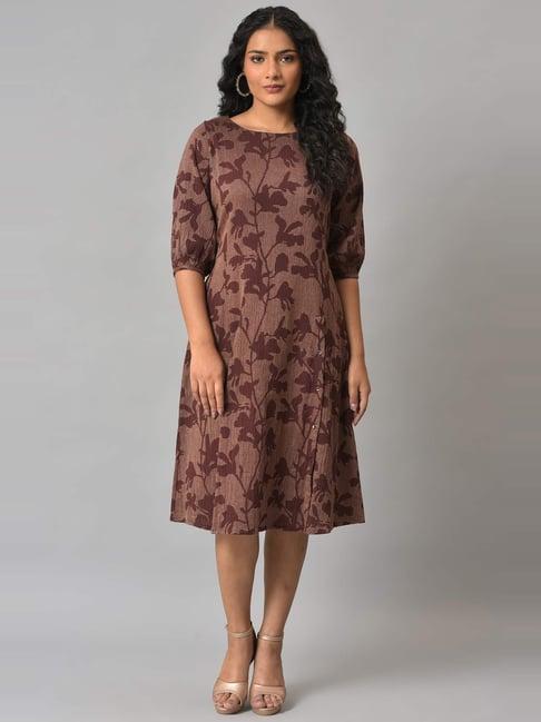 w brown floral print a-line dress