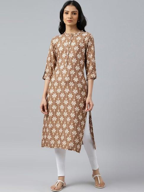 w brown floral print straight kurta