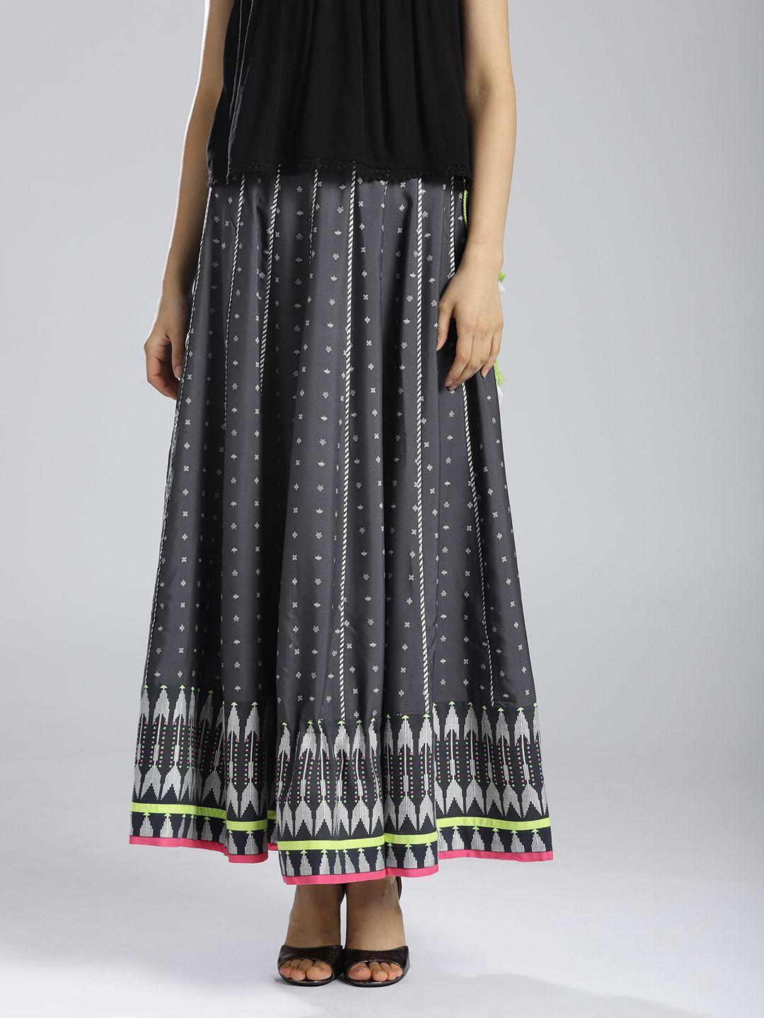 w charcoal grey printed maxi flared skirt