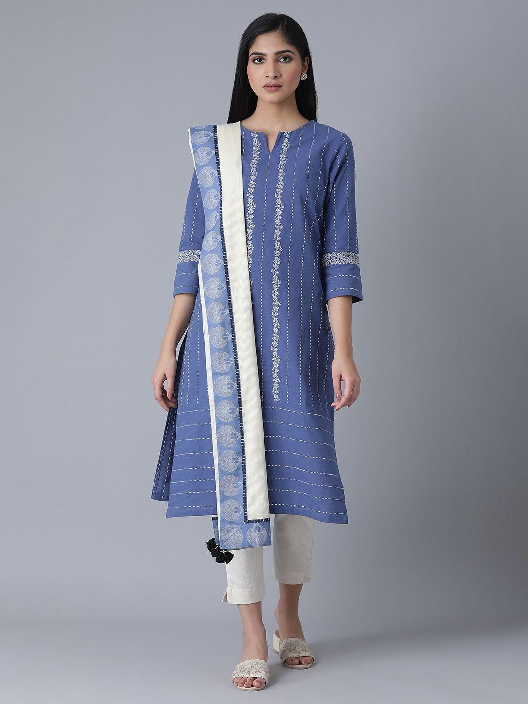 w cream & blue embroidered pure cotton dupatta with thread work