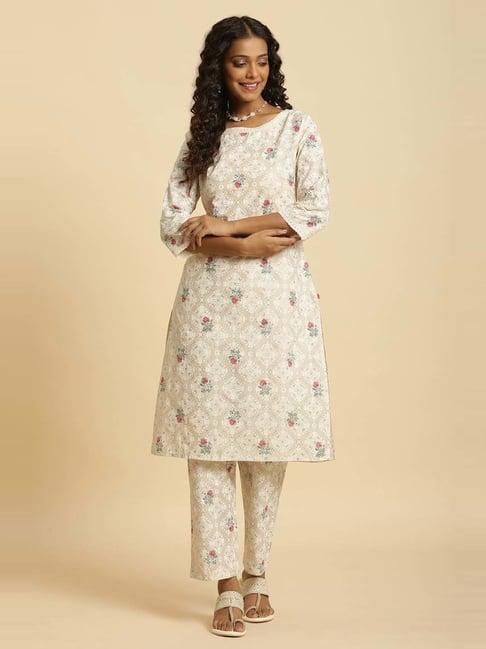 w cream cotton printed kurta pant set