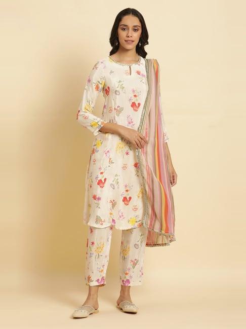 w cream floral print kurta pant set with dupatta